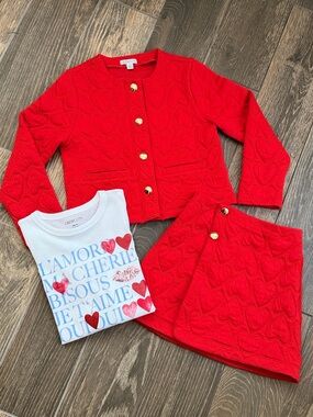 J.Crew Girls’ Red Heart Quilted Jacket/Wrap Skirt and “L’Amour Sequin Tee—S